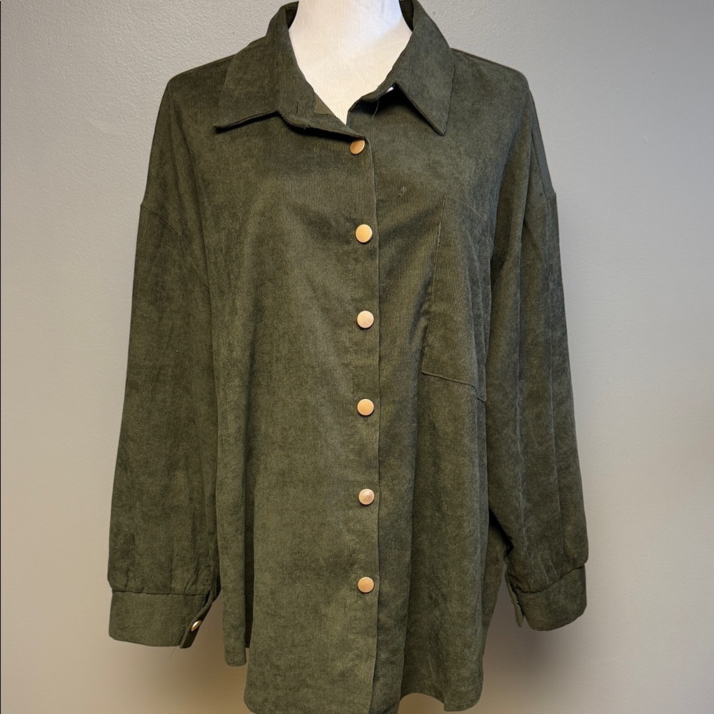 Shein Curve Green Corduroy Button Front Shirt Jacket Size 3XL